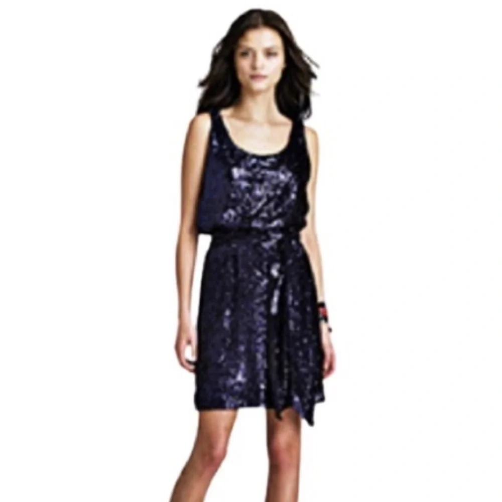 Tory Burch Alton Blue Sequin Belted Sleeveless Dress - Picture 8 of 10